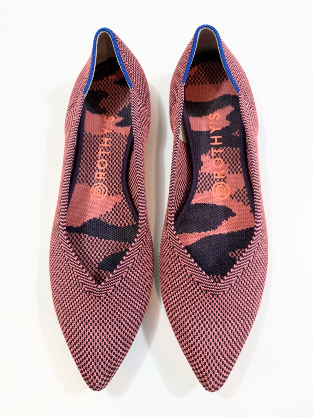 Rothy's Pink Pointed-Knit Slip-On Flats with Blue Trim
